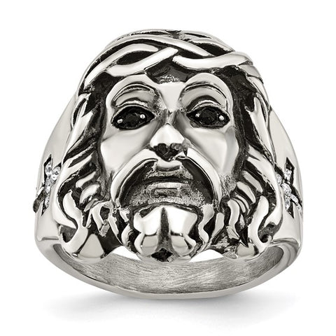 Stainless Steel Antiqued and Polished with Black and White Crystal Jesus Ring