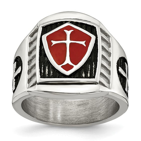 Stainless Steel Antiqued and Polished with Red Enamel Cross/Shield Ring