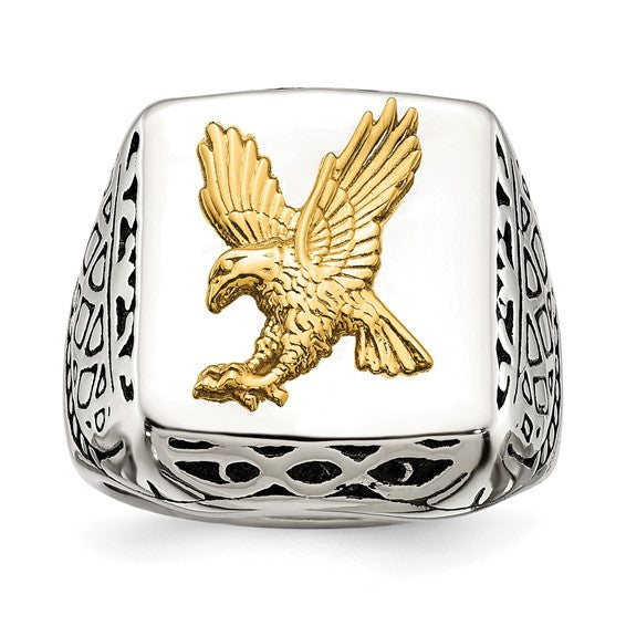 Stainless Steel with 14k Accent Antiqued and Polished Eagle Ring