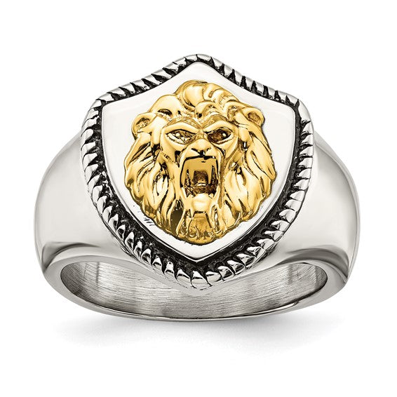 Stainless Steel with 14k Accent Antiqued and Polished Lion on Shield Ring