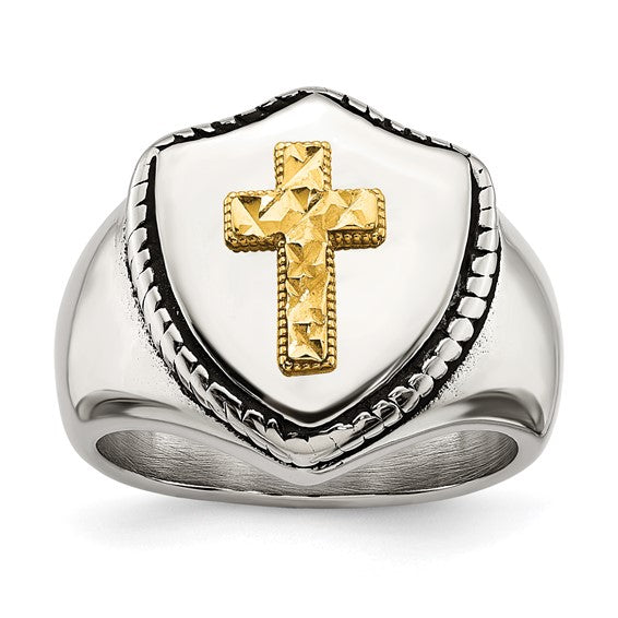 Stainless Steel with 14k Accent Antiqued and Polished Cross on Shield Ring