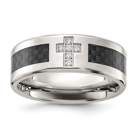 Stainless Steel Polished with Black Carbon Fiber Inlay CZ Cross 8mm Band
