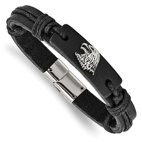 Stainless Steel Antiqued and Polished Eagle Head Black Leather Bracelet