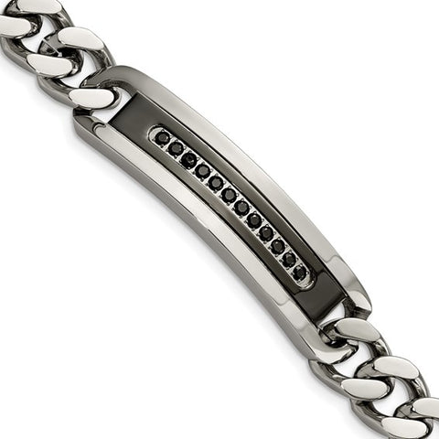 Stainless Steel Polished Black IP with Black CZ 8.25in Curb Chain ID Bracelet