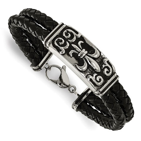 Stainless Steel Antiqued and Polished Fleur De Lis Black Leather Bracelet
