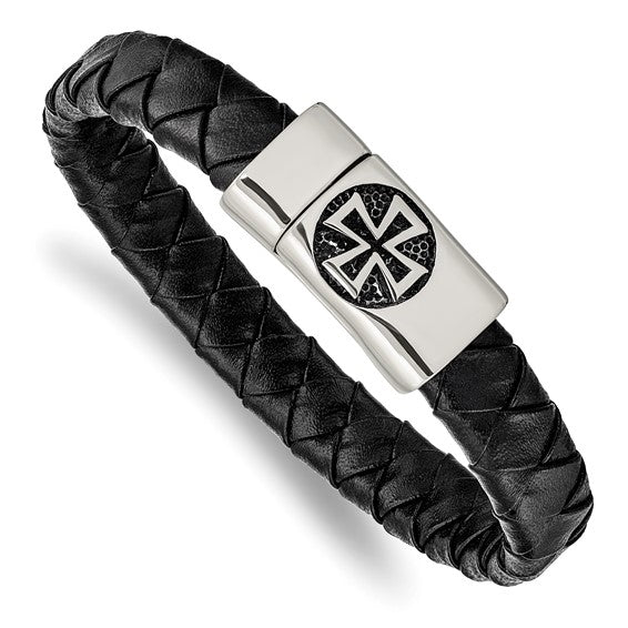 Stainless Steel Antiqued and Polished Cross Black Leather 8.5 in Bracelet