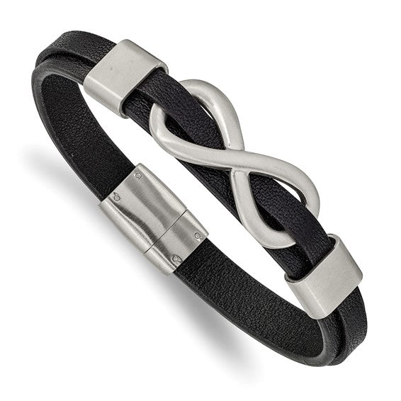 Stainless Steel Brushed and Polished Black Leather Infinity Sign Bracelet