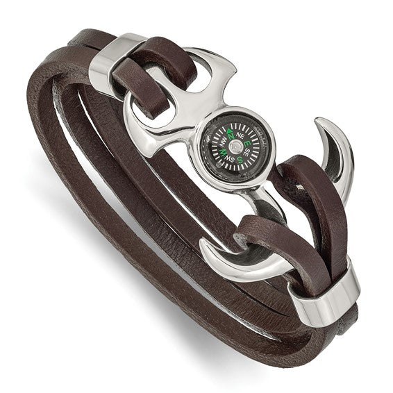 Stainless Steel Polished Functional Compass Brown Leather 8.5 in Bracelet