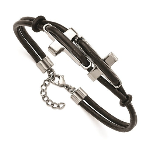 Stainless Steel Cross Leather Bracelet
