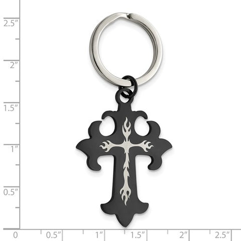 Stainless Steel Polished Black IP-plated Cross Key Ring