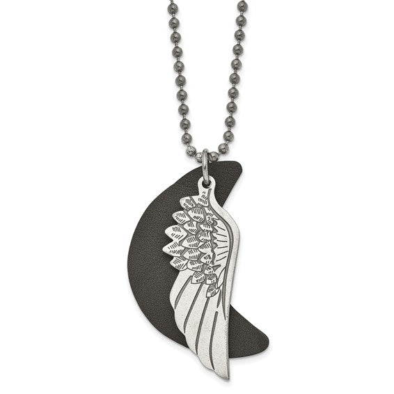 Stainless Steel Brushed Wing with Leather Moon Black IP 26.5in Necklace