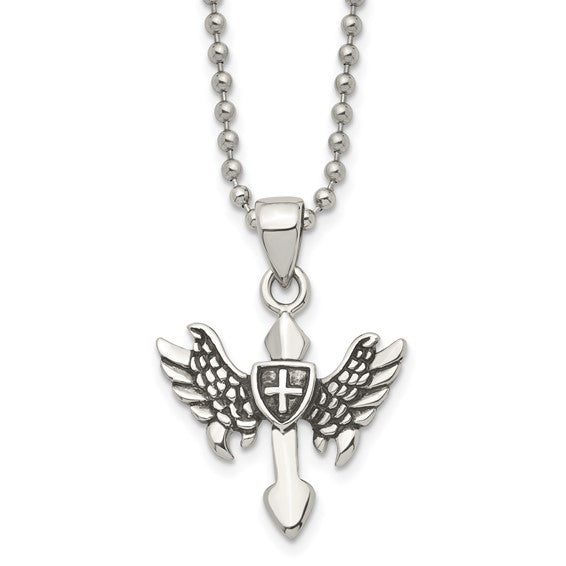 Stainless Steel Antiqued and Polished Cross with Wings 20in Necklace