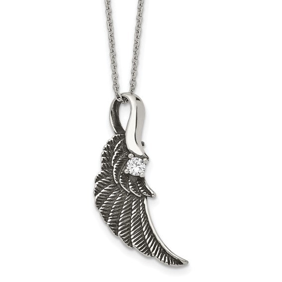 Stainless Steel Antiqued and Polished with Crystal Wing 20in Necklace