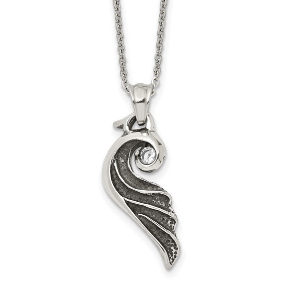 Stainless Steel Antiqued and Polished with Crystal Wing 18in Necklace