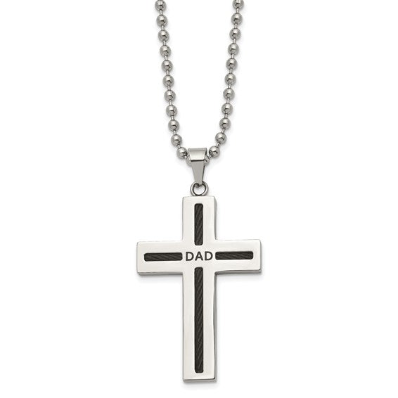 Stainless Steel Polished Black IP-plated Cable DAD Cross Pendant on a 24 inch Ball Chain Necklace
