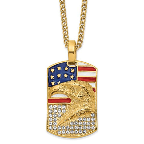 Stainless Steel Polished Yellow IP Enamel Crystal Eagle and Flag Necklace