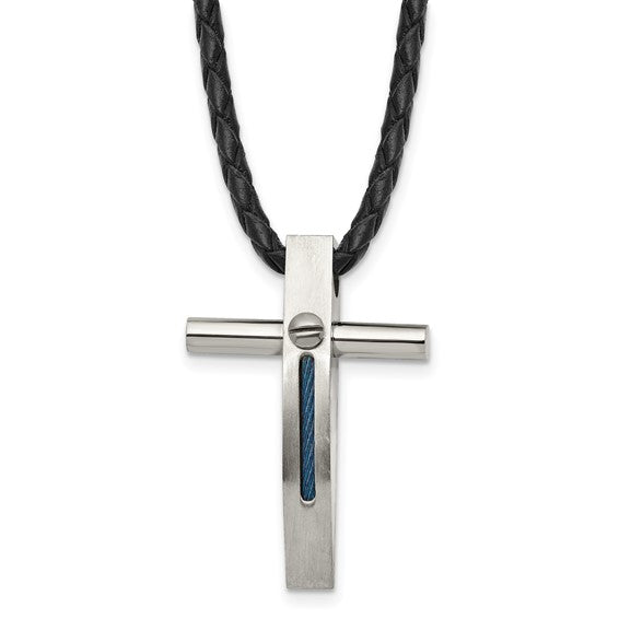 Stainless Steel Brushed and Polished Blue IP Cable Cross 18in Leather Necklace