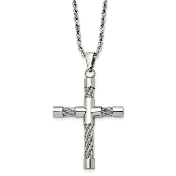 Stainless Steel Polished and Textured with Cable Cross Pendant on a 22 inch Rope Chain Necklace