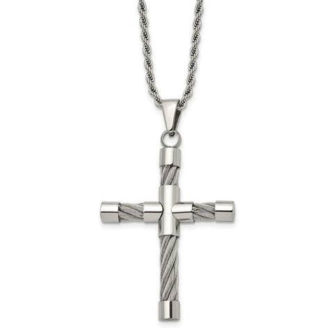 Stainless Steel Polished and Textured with Cable Cross Pendant on a 22 inch Rope Chain Necklace