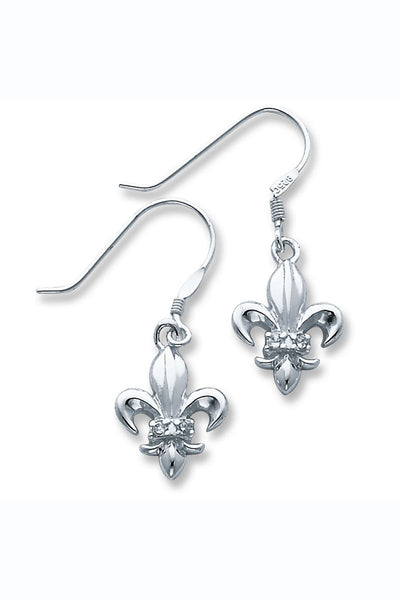 Sterling Silver CZ Fleur de Lis Dangle Earrings