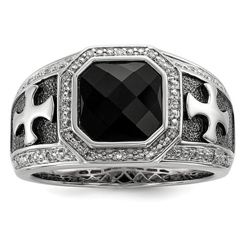 Sterling Silver Diamond And Onyx Black Rhodium-Plated Cross Men's Ring