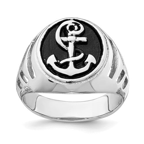 Sterling Silver Rhodium-Plated And Antiqued Plated Anchor Ring-One Size (Approx size 10)