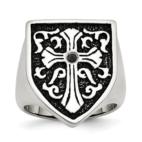 Stainless Steel Cross With Black Diamond Antiqued Shield Ring-One Size (Approx size 10)