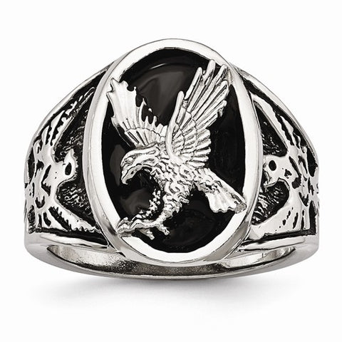 Stainless Steel and Black Enamel Eagle Ring