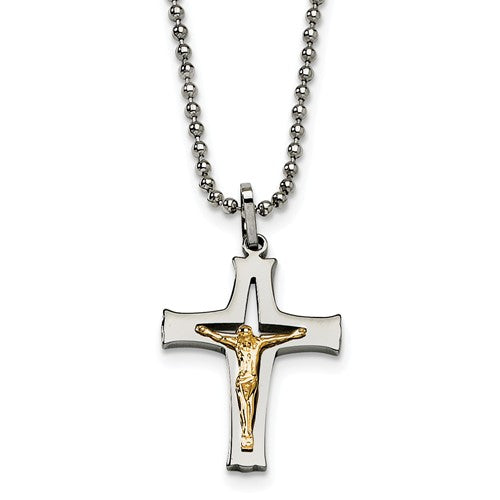 Two-Tone Steel and 14K Accent Crucifix Cross Necklace