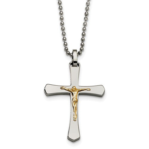 Two-Tone Steel and 14K Crucifix Cross Necklace - Linear