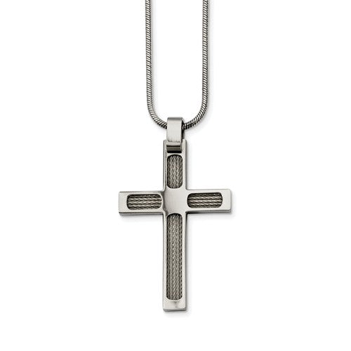 Stainless Steel with Cable Polished Cross Necklace With 24 inch Chain