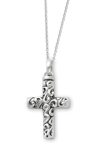 Sterling Silver Rhodium-plated Antiqued Cross Remembrance Ash Holder 18 Inch Necklace