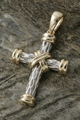Sterling Silver and 14K Gold Two Tone Rugged Cross Pendant-XL
