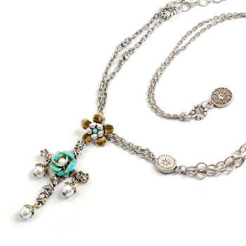 Turquoise Enamel Roses and Pearl Cross Necklace Last One Available RETIRED