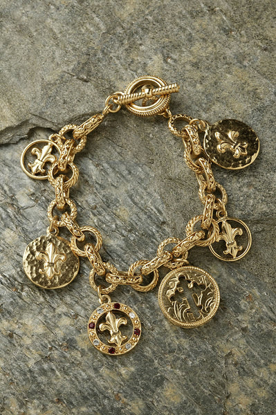 Cross & Fleur de Lis Medallion Charm Bracelet