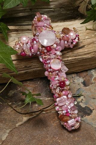 Pink Quartz & Mother of Pearl Gemstone Wall Cross 7", 9" or 12"