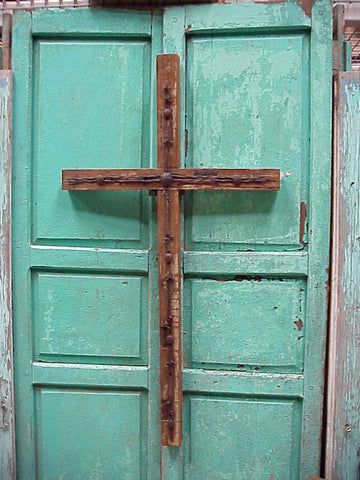 Rustic Barbed Wire Old Door Cross- 32"