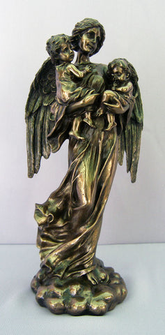 Guardian Angel with Children, Cold-Cast Bronze, Lightly Hand-Painted, 11"