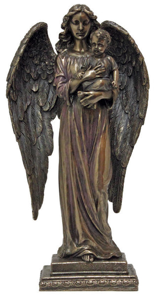 Guardian Angel holding child, lightly hand-painted cold cast bronze, 10.25"