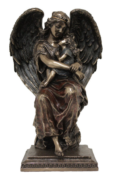 Guardian Angel with child in lap, cold cast bronze, lightly hand-painted, 8.25"