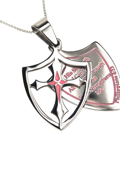 Pink 2 Piece Shield Cross His Strength Necklace Philippians 4:13