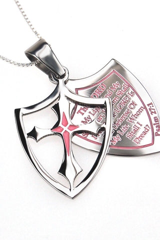 2 Piece Shield Cross Fear& Necklace Psalm 27:1 - Pink