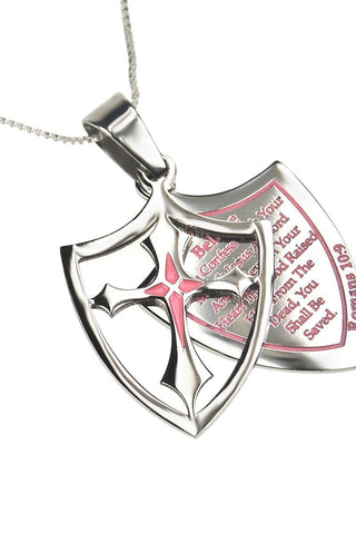 2 Piece Shield Cross Believe Necklace Romans 10:9 - Pink