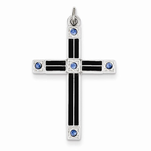 Sterling Silver  Enameled  & Blue CZ Cross Pendant
