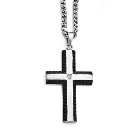 Stainless Steel Brushed and Polished Black IP-plated Cross with CZ Necklace
