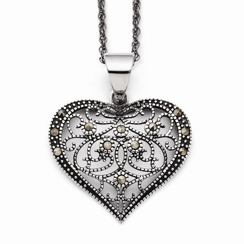 Stainless Steel Marcasite Textured Heart Necklace
