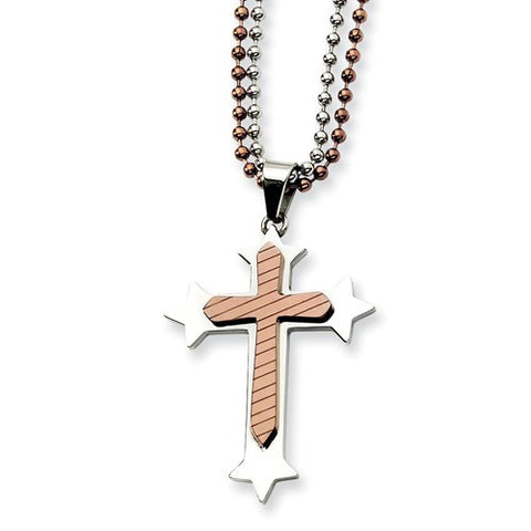 Stainless Steel and Brown Cross Pendant