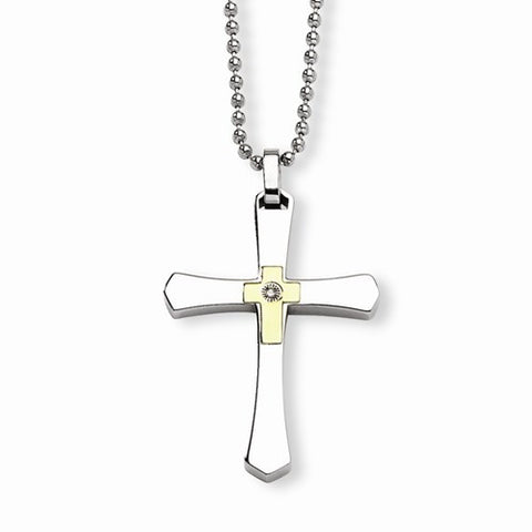 Stainless Steel 14k Accent W/ Diamond Cross Necklace