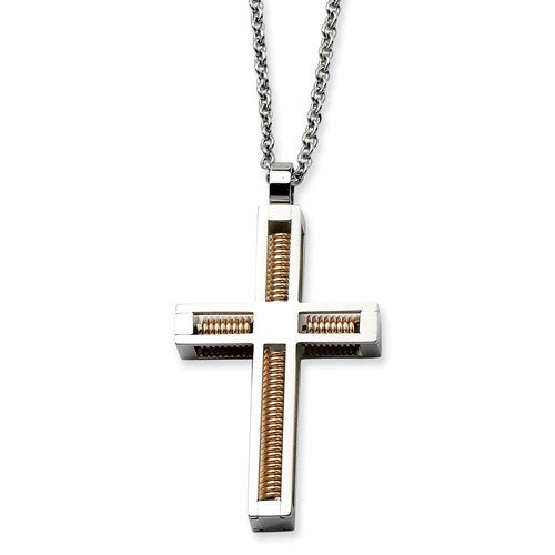 Stainless Steel Polished & Rose IP-Plated Cross Necklace