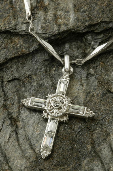 Elegant Crystal Cross Silver Necklace